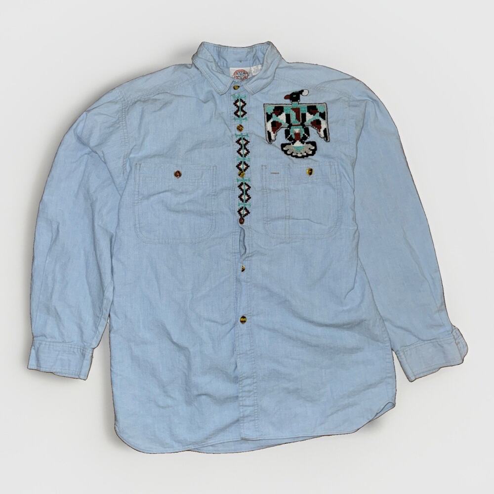 Vintage Vuarnet France Embroidered Thunderbird Chambray Shirt Southwestern 90s